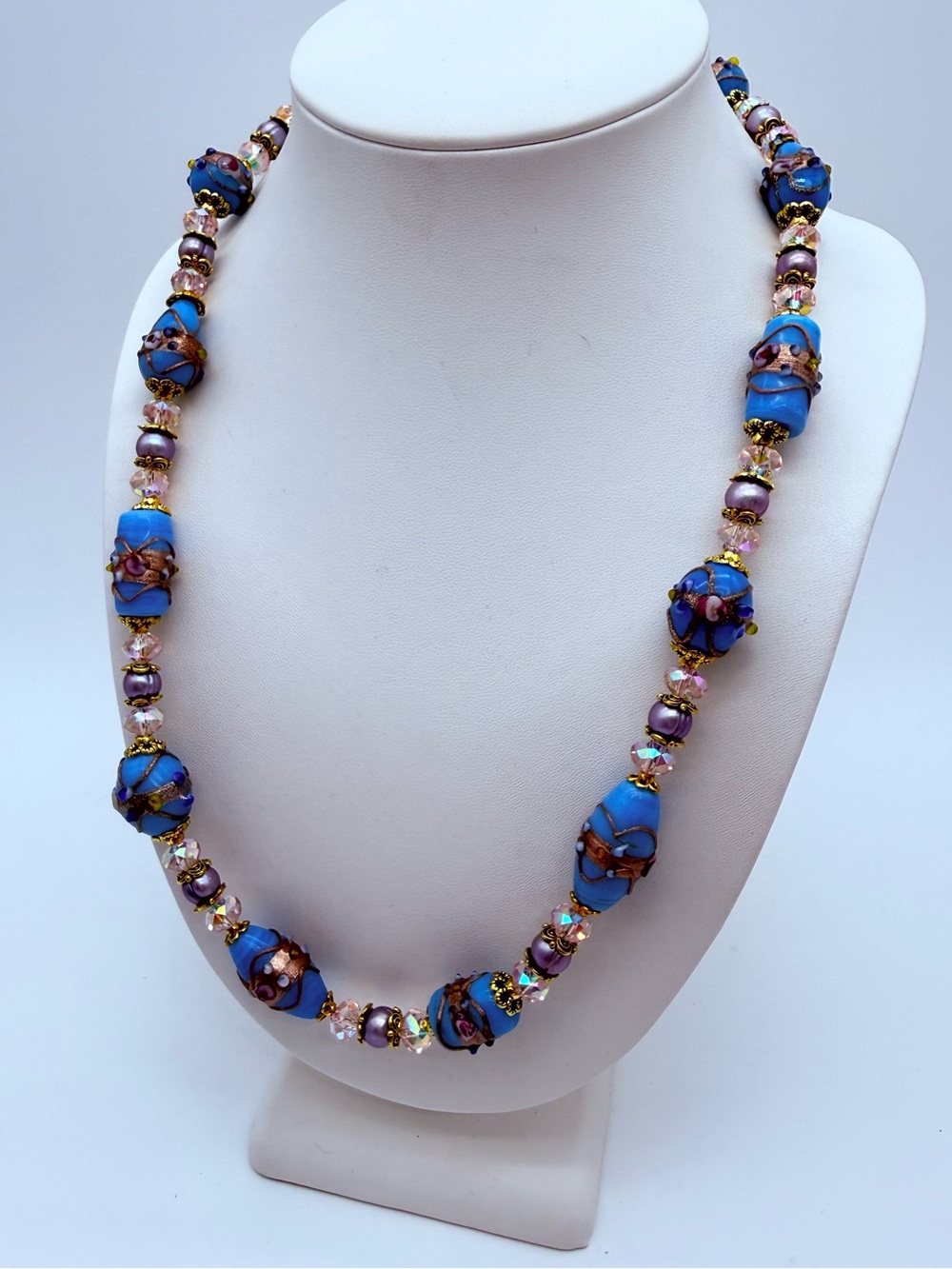 Artisan Blue Lampwork Glass & Lavendar Freshwater Pearl Necklace - Picture 2 of 7